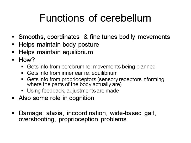 Functions of cerebellum Smooths, coordinates  & fine tunes bodily movements Helps maintain body